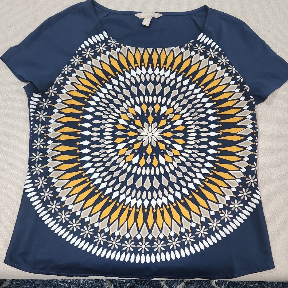 Banana Republic Navy Blue and Yellow Mandala Print Women's Top